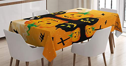 ABAKUHAUS Halloween Tischdecke, Gruseliger Kürbis, Für den Inn und Outdoor Bereich geeignet Waschbar Druck Klar Kein Verblassen, 140 x 200 cm, Orange Schwarz