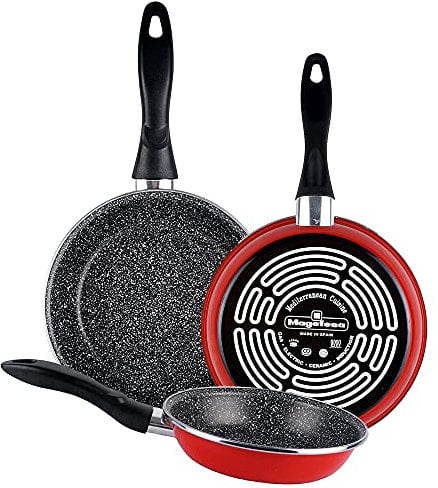 Magefesa K2 Rojo Juego de 3 sartenes (20/24/28)cm de acero vitrificado exterior rojo. Antiadherente bicapa reforzado efecto piedra, aptas para todo tipo de cocinas