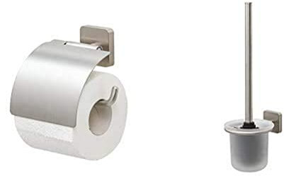 Tiger Onu Toilettenpapierhalter mit Deckel, Edelstahl gebürstet, 13 x 12,6 x 4,2 cm + Onu Toilettenbürste, Edelstahl gebürstet, 11 x 37,7 x 14,1 cm