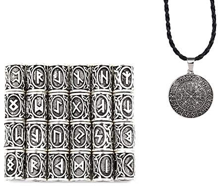 24 Pieces Norse Viking Rune Beads Hair Beard Pendant and Compass Pendant for Bracelet Pendant Necklace Beard Dreadlocks Hair DIY Bracelet Jewelry Pendants (Silver)