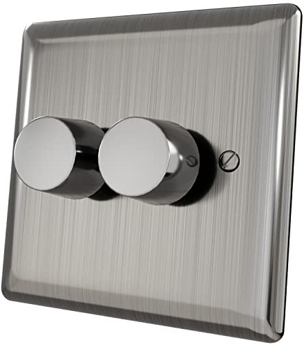 iolloi Variateur d'intensité à LED 2 voies, interrupteur rotatif à 2 voies, poussoir marche/arrêt, pour ampoules LED/à incandescence/halogène, acier brossé, 3-100 W (1-10 LED)