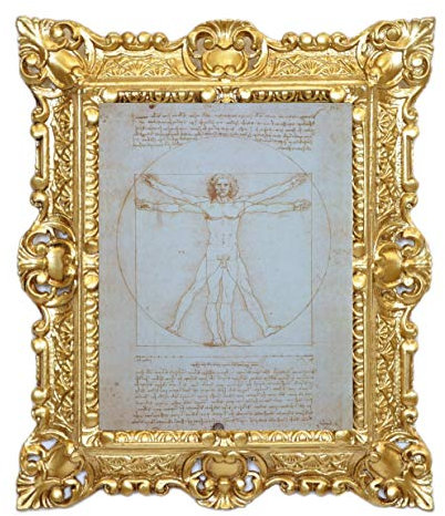 Idea Casa Stampa su Carta Telata Quadro Leonardo da Vinci l'Uomo Vitruviano con Cornice Stile Barocco 45X37 cm (Oro)