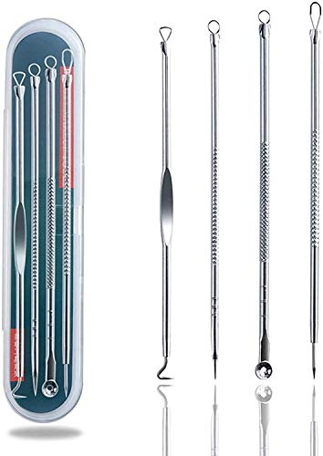 Juego de 4 herramientas para eliminar puntos , extractor de acné, comedón, espinillas, herramienta de eliminación de puntos y zit con estuche (plata)