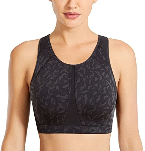 SYROKAN Women's Sports Bra for Large Breasts High Impact Full Coverage Padded Wireless Running Halter Neck Bra Olive Leopard Grain 38F