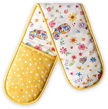 Maison d' Hermine Double Oven Mitts 100% Cotton 18 cm x 89 cm Double Oven Mitt Heat Resistant BBQ Cooking Gloves with Loop, Baking, Grilling, Home, Kitchen, Handling Hot Pans (Happy Florals - Sweety)