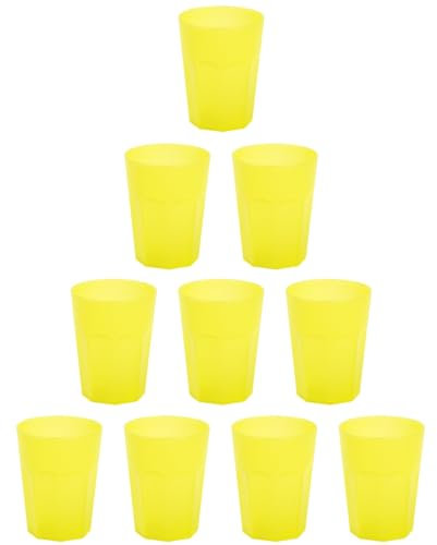 Engelland - 10 x Plastikbecher, Trinkbecher, Gelb, Frostoptik, 250 ml, mit Eichstrich, bruchfest, stapelbar, Mehrweg, Kunststoff, wiederverwendbar, Party-Becher, Trink-Glas