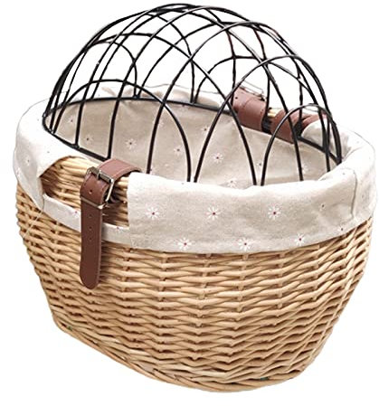 POXIAO Wicker Pet Carrier Fahrradkorb, Wicker Bike Basket für kleine Hunde Katzen Pet Carrier Bicycle Front Basket mit Drahtgitterabdeckung