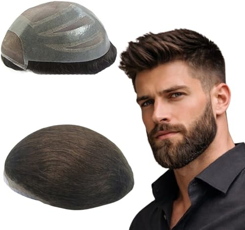 NLW Echthaar Toupet Männer Schweizer Spitze kombiniert mit PU haarsystem mann 100% Echthaar natürlicher Haaransatz Herren Echthaar perücke 110% Dichte Basis 10 * 8 Zoll (#2 Deep Brown)