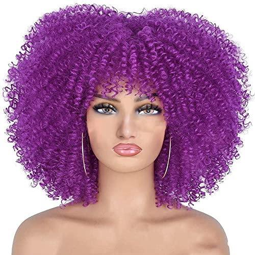 Afro - Parrucca per capelli ricci da donna, 40,6 cm, con frangetta crespa, ricci, viola, per feste cosplay