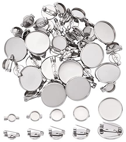 UNICRAFTALE Über 50 Stück 5 Größen Flache Runde Brosche Edelstahl Brosche Lünette Tabletts Basis Blank Brosche Tablett Edelstahl Farbe 6/8/10/12/20mm