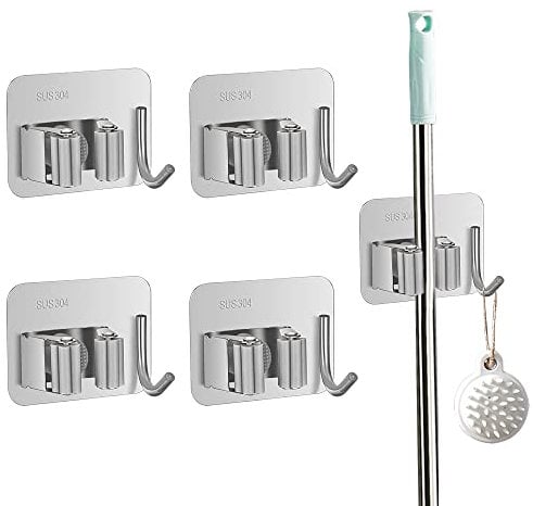 VonLux Mop Broom Gripper with Hook 2in1 4Pcs Mop Broom Holder Stainless Steel Wall Hooks Self Adhesive Strong, Hanging Brushes Tools Storage Organizer in Kitchen Garden Garage Closet Bathroom