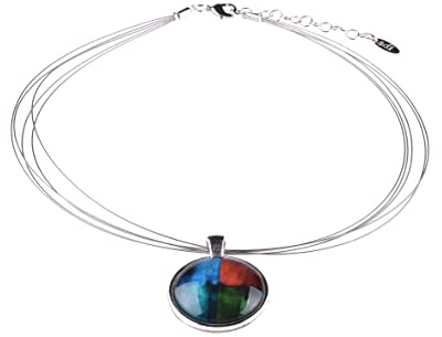 Adi-Modeschmuck Halsreif 'Isa', versilbertes Messing, farbige Ornamente | Glas Cabochon, Leichter Anhänger, Handgefertigt in Berlin