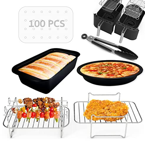 Dual Air Fryer Accessories Set of 6 for Ninja Foodi AF300UK, AF400UK, Instant Vortex, Tower T17088, Salter Dual Zone Deep Air Fryers 7.6L-9.6L (Black A Type)