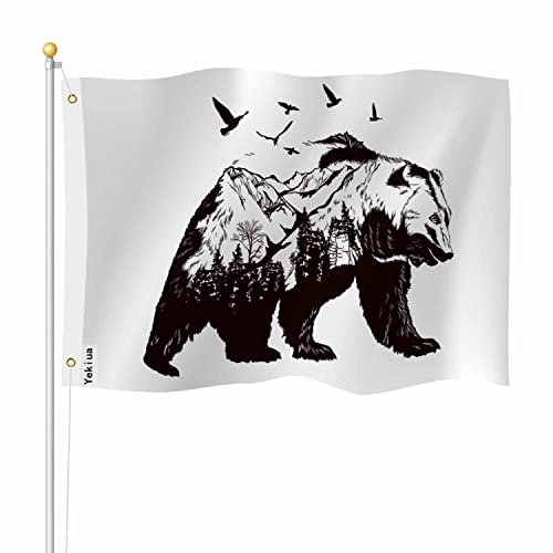 Yekiua Bärenflagge, 90 x 152 cm, abstrakte Wildtiere, Vögel, Berge, Bäume, Premium-Flagge, stärkste, langlebigste Flagge, lebendige Farben mit Messingösen, Schwarz / Weiß