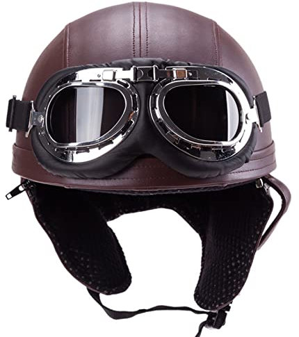 Vintage Pelle Jet Caschi, Casco Scodella Motorino, Aperto Faccia Casco Uomo Donna, Casco Mezzo Moto con Occhialoni, Mezzo Elmetto da Moto retrò Motorino Caschi DOT ECE Omologato(56-60cm)
