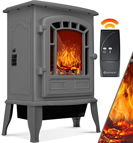 KESSER® Camino elettrico con termoventilatore da 2000W - caminetto elettrico - riscaldamento - effetto fuoco a LED - stufa effetto fiamma - termocamino silenzioso e regolabile (grigio)