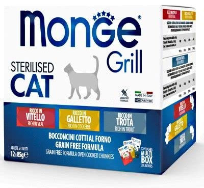 Monge Grill STERILIZZATO MULTIPACK CON POLLO, TROTA, VITELLO, cibo umido per gatti (cibo per gatti multipack con pollo, trota, vitello, ricco di vitamine, senza cereali, facilmente digeribile, 85 g)
