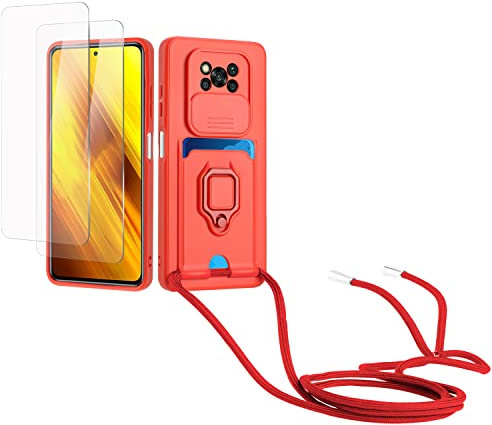 Kaslly Case für Xiaomi Poco X3/X3 Pro/X3 NFC Handykette Hülle+[2 Schutzfolie Glas],Slide kameraschutz,Silikon Handyhülle zum Umhängen Kette,Kartenfach-rot