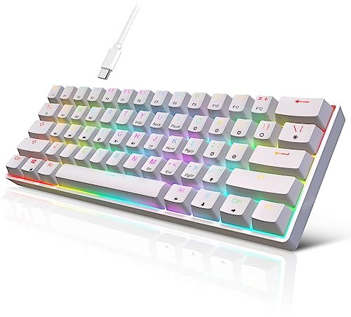targeal 60% Mechanical Gaming Keyboard - 61 Keys Blue Switch Quiet Office Computer Keyboard - Multi Color RGB Rainbow Led Backlit - Programmable for PC/Windows/Mac/Gamer - USB Wired - White