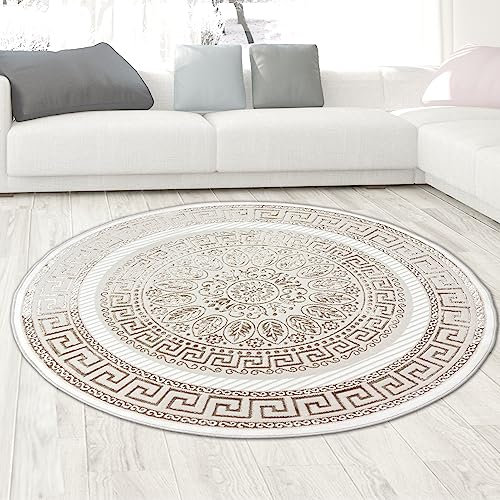 CARPETIA Wohnzimmer Schlafzimmer Glanzeffekt Ornamente modern edel Orient Kurzflorteppich Designerteppich Creme beige 160 cm Rund