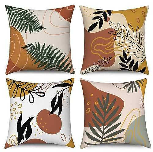ASDCXZ Blätter Kissenbezug 40x40 cm 4er Set, Modern Abstrakt Kunst Boho Blätter Sofa Dekokissen Kissenbezüge Kissenhülle Waschbar Polyester Flachs Textil Outdoor Polster Kopfkissenbezug Kissen Bezug