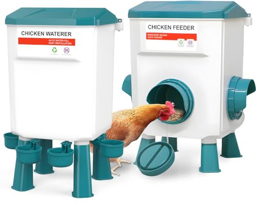 DETODDA 12kg Hühnerfutterspender und 11L Hühnertränke mit, Aufhängbarer Küken Futterautomat und Tränke Set, Hühnerfutterspender ohne Abfall und Geflügeltränke, Hühnerzubehör 2 Höhenverstellbaren Füßen
