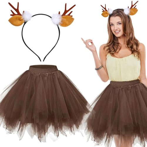 BGTLJKD Haarreif Rentier mit Tüllrock, Rentier Kostüm Damen Karneval Reh Kostüm Damen Rentier Haarreif Und Tüllrock Braun Damen Geweih Kostüm, Für Karneval Fasching Cosplay Halloween