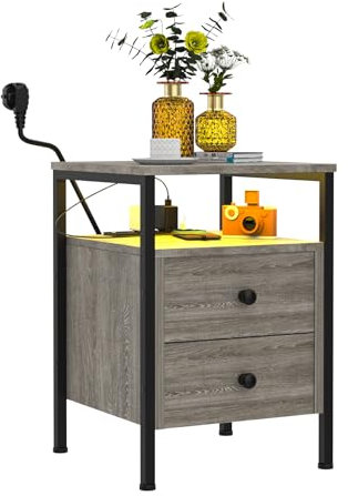 Lvhecforhm Tables de Chevet avec lumière LED, Table Basse avec Prises Électriques et Ports USB, Table d’Appoint avec Tiroirs et Étagères Rangement, Gris 40x40x61cm Adaptée Aux Petits Espaces Salon