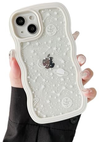 ZTOFERA for iPhone 14 Plus/15 Plus Case 6.7 inch,Cute Curly Wave Frame Shape Case with Star Space Pattern, Clear Slim Shockproof Hard PC Bumper Phone Case for iPhone 14 Plus/15 Plus, White