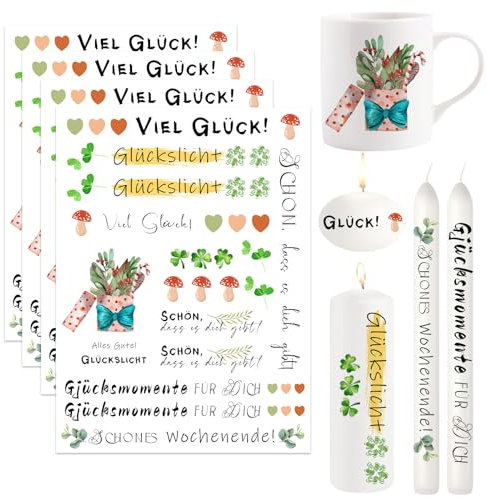 Ronoza® 4 Stück Kerzentattoos Glückslicht, Wasserschiebefolie Kerzen, Kerzenfolie, Kerzensticker, DIY Geschenk, Kerzentattoo, Kerzenaufkleber, Kerzen aufkleber, Kerzen Tattoo (Glückslicht F)