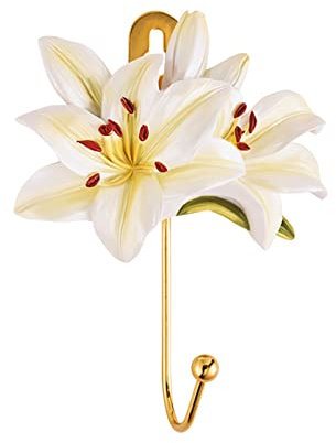 Wnvivi Blumenhaken Zur Wandmontage, Dekorative Wandhaken, Haken mit Realistischen Pfingstrosen- und Tulpenblumen aus Harz, Vielseitige Wandhaken für Handtücher, Mäntel, Schlüssel(Lilie)