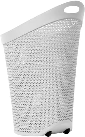 100L Laundry Basket with Wheels - Large Plastic Wheeled Washing Basket with Handle - Heavy-Duty Rattan Laundry Trolley Hamper Clothes Storage Organiser for Bedroom & Bathroom – White, 100 Litre