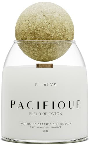 ELIALYS Bougie Parfumée Artisanale au Parfum de Grasse, FLEUR DE COTON, Mèche en Bois Crépitante - PACIFIQUE, 350g, ±70 heures de combustion, Fabriquée en France - Parfum Intense & Longue durée