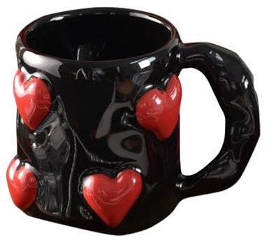 JUMUAO 3D Love Tasse Groß 500ml, Kawaii Keramik Becher, Geschenk für Freundin, Tee Kaffee Porzellan Deko, Netter Weihnachten Geschenkbecher für Frauen Männer Kinder (Schwarz)