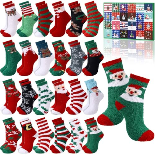 Mumucove 24 Paar Weihnachtssocken Adventskalender 2024 Unisex Fuzzy Socken Set 24 Tage Countdown bis Weihnachten für Xmas Party Urlaub Geschenke
