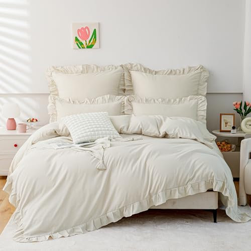 TOCOMOA Rüschen Bettwäsche 135x200 Mädchen, Aesthetic Bettwäsche-Sets Mikrofaser, Öko-Tex Zertifiziert, Weich Beige Bettbezug mit Reißverschluss, Kopfkissenbezug 80x80cm