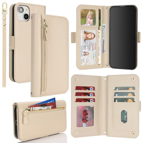 SailorTech für iPhone 14 Plus Hülle mit Kartenfach Klapphülle für Frauen, iPhone 14 Plus Handyhülle Handytasche Flip Brieftasche Schutzhülle mit Kartenfächern für Männer-Beige