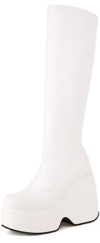 Donna Zeppa Stivali Alti con Plateau Tacco Alto Stivali Punta Rotonda Senza Chiusura Stivali Elasticoizzati, A89359Wv Bianco Numero 36 EU