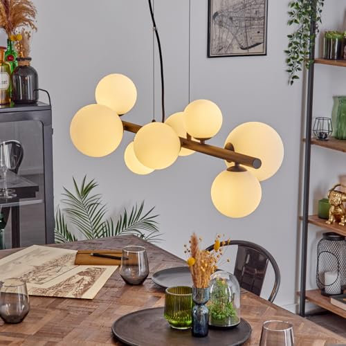 HOFSTEIN Pendelleuchte Chehalis, 10-flammige Hängelampe aus Metall/Glas in Schwarz/Weiß, moderne Hängeleuchte im Retro/Vintage-Design mit Glasschirmen, max. 144 cm, G9, Esszimmer, Wohnzimmer, Küche
