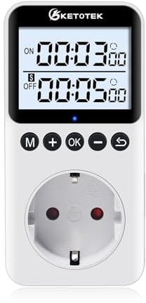 KETOTEK KTTS02 - Timer digitale con retroilluminazione, interruttore a ciclo continuo, conto alla rovescia, timer interno per lampade, acquario (16 A, 230 V, 3680 W)