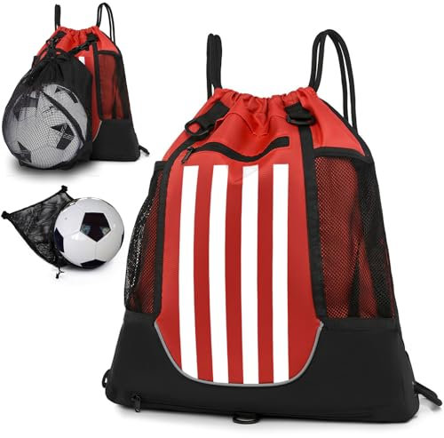 STAY GENT Drawstring Basketball Rucksack für Kinder Jugendliche Erwachsene, Foldable Fußball Volleyball Sporttasche mit Abnehmbarem Ball-Netztasche für Turnhalle Yoga Wandern, Rot Weiß Streifen