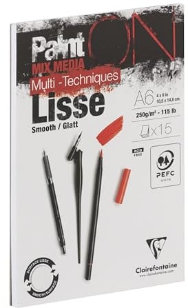 Clairefontaine 960062C - Zeichenblock Malblock PaintON Lisse Glatt, DIN A6, kopfseitig geleimt, 15 Blatt, 250g, geeignet für Mixed Media, weiß, 1 Stück