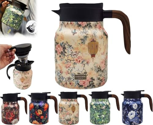 Vintage Floral Pattern Tea Thermos, 1000ml Stainless Steel Thermal Carafe with Lid for Hot Drinks, Built-In Infuser,Mini Hot Coffee Pot Office Stainless Steel,Insulated Teapot Detachable