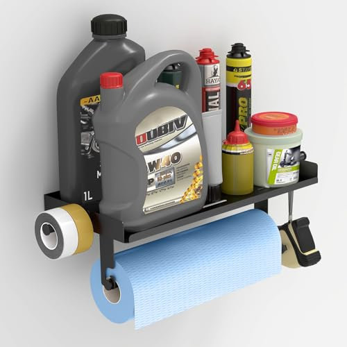 Portasciugamani in carta con ripiano supporto da parete in metallo con 2 aste di estensione, portasciugamani da parete per garage, bagno, cucina, bagno, nero