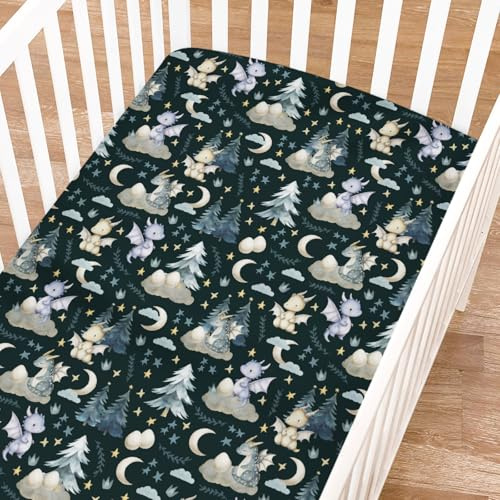 Fairytale - Sábana bajera ajustable para cuna de bebé para niña y niño, 52 x 28 pulgadas, diseño de dragones, huevos, luna, estrellas, árboles, funda de colchón para cuna, suave, transpirable, sábana