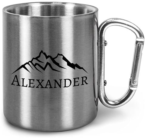 Edelstahl-Tasse personalisiert mit Karabiner „Berge“ - Geschenk mit Bergen für Männer & Frauen - Edelstahlbecher mit Deckel und Namen – Outdoor Camping (Silberner Griff, Ohne Deckel)