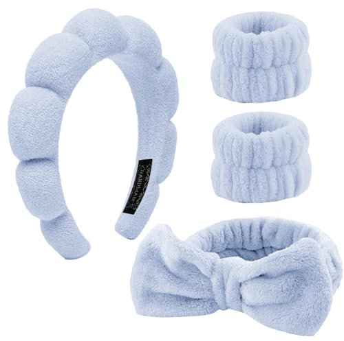 4 Stück Haarband Kosmetik,Spa Stirnband Make Up Schwamm Set Damen, Hautpflege Stirnband Waschen Gesicht Wristband Set Für Frauen Schönheit Mädchen Yoga Sport Dusche Make-up-Entfernung (Blau, 4 Stück)