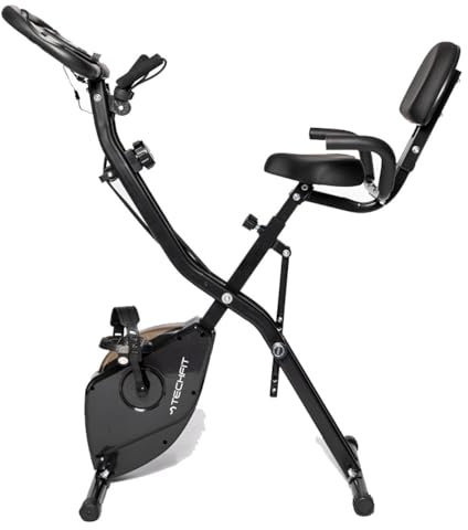 TechFit Heimtrainer Fahrrad Klappbar mit 8 Widerstandsstufen & 4 kg Schwungmasse – LCD Display, Pulssensoren, Rückenlehne, Platzsparend, Fitnessbike mit Trainingsbändern für Zuhause, 120 kg belastbar