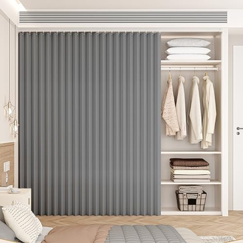 Schrankvorhänge für die Küche, Schrank Vorhang mit Gleitschienen, Sichtschutzvorhang für Regale & Kleiderschränke, Staubdichter Wasserdichter, Kein Bohren Nötig(Grau,W 80 x H 140 cm)