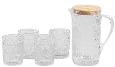 Homla Lobos Krug-Set mit Deckel, 5-teilig, Glas & Bambus, natürlicher Look, nicht spülmaschinenfest